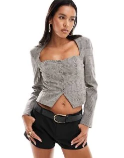 Bershka Sweetheart Neckline Blazer In Grey Check For Women -Chic Maze Sales 207196222 1 grey 1
