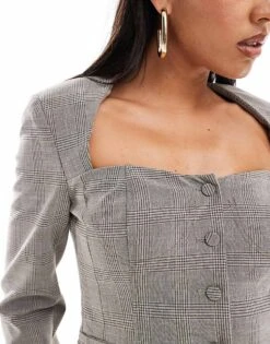 Bershka Sweetheart Neckline Blazer In Grey Check For Women -Chic Maze Sales 207196222 3