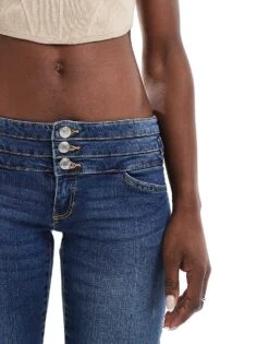 Bershka Low Rise Triple Waistband Bootcut Jeans In Dark Blue Wash For Women Light Blue -Chic Maze Sales 207196229 5