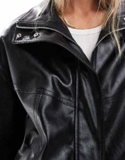 Bershka Funnel Neck Oversized Faux Leather Dad Jacket In Black For Women -Chic Maze Sales 207196264 4