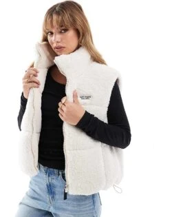 Bershka Shearling And Nylon Reversible Gilet In Ecru For Women