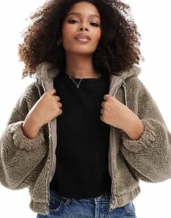 Bershka Hooded Shearling Jacket In Sand For Women