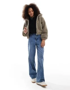 Bershka Hooded Shearling Jacket In Sand For Women -Chic Maze Sales 207228906 3