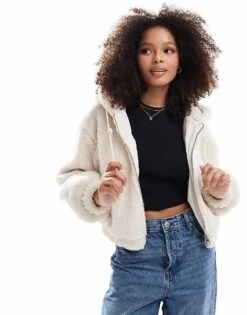 Bershka Hooded Shearling Jacket In Ecru For Women -Chic Maze Sales 207228927 1 ecru 1