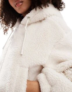 Bershka Hooded Shearling Jacket In Ecru For Women -Chic Maze Sales 207228927 3