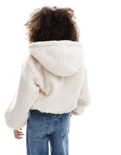 Bershka Hooded Shearling Jacket In Ecru For Women -Chic Maze Sales 207228927 4
