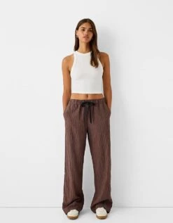 Bershka Ribbon Drawstring Waist Wide Leg Trousers In Brown & Stripe For Women Multi -Chic Maze Sales 207234315 1 multi 1