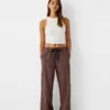 Bershka Ribbon Drawstring Waist Wide Leg Trousers In Brown & Stripe For Women Multi -Chic Maze Sales 207234315 1 multi