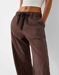 Bershka Ribbon Drawstring Waist Wide Leg Trousers In Brown & Stripe For Women Multi -Chic Maze Sales 207234315 2