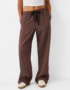 Bershka Ribbon Drawstring Waist Wide Leg Trousers In Brown & Stripe For Women Multi -Chic Maze Sales 207234315 4