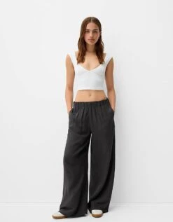 Bershka Pull On Waist Wide Leg Trousers In Dark Grey For Women -Chic Maze Sales 207249844 1 grey 1