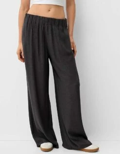Bershka Pull On Waist Wide Leg Trousers In Dark Grey For Women -Chic Maze Sales 207249844 2