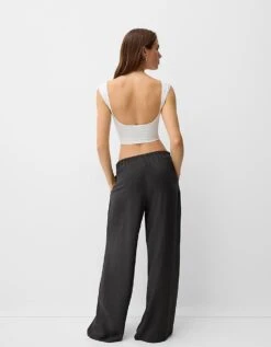 Bershka Pull On Waist Wide Leg Trousers In Dark Grey For Women -Chic Maze Sales 207249844 4