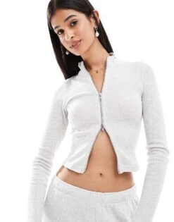Bershka Zip Through Co-ord Waffle Top In Grey For Women -Chic Maze Sales 207249856 1 grey 1