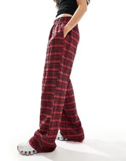 Bershka Button Front Pull On Wide Leg Trousers In Red Check For Women -Chic Maze Sales 207249880 1 red 1