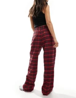 Bershka Button Front Pull On Wide Leg Trousers In Red Check For Women -Chic Maze Sales 207249880 3