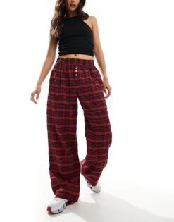 Bershka Button Front Pull On Wide Leg Trousers In Red Check For Women -Chic Maze Sales 207249880 4