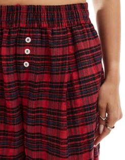 Bershka Button Front Pull On Wide Leg Trousers In Red Check For Women -Chic Maze Sales 207249880 5