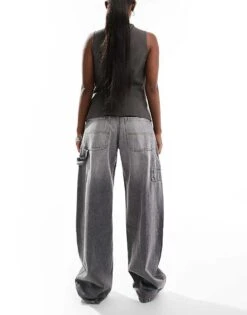 Bershka Adjustable Waist Carpenter Jeans In Grey Wash For Women Black -Chic Maze Sales 207251283 3