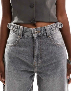 Bershka Adjustable Waist Carpenter Jeans In Grey Wash For Women Black -Chic Maze Sales 207251283 5