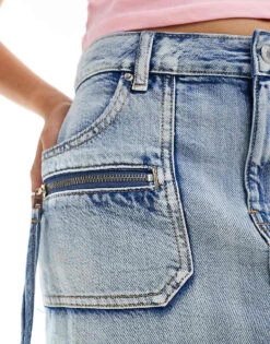 Bershka Raw Edge Denim Cargo Mini Skirt In Blue For Women -Chic Maze Sales 207251368 5