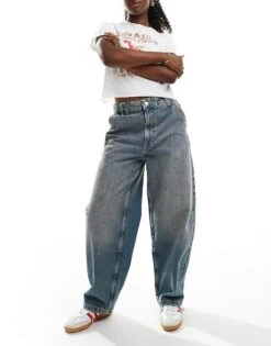 Bershka Baggy Skater Jeans In Dirty Mid Wash Blue For Women Blue