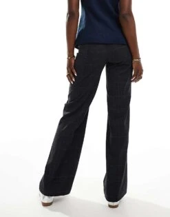Bershka Wide Leg Tailored Trousers In Grey Check For Women Blue -Chic Maze Sales 207288428 2