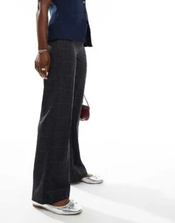 Bershka Wide Leg Tailored Trousers In Grey Check For Women Blue -Chic Maze Sales 207288428 4
