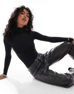 Bershka High Neck Long Sleeve Bodysuit In Black For Women Black -Chic Maze Sales 207288429 2