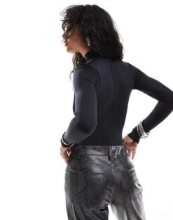 Bershka High Neck Long Sleeve Bodysuit In Black For Women Black -Chic Maze Sales 207288429 3