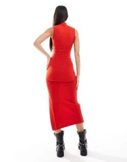 Bershka High Neck Knitted Bodycon Maxi Dress In Red For Women -Chic Maze Sales 207288473 4