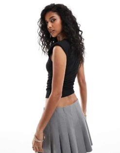 Bershka Padded Shoulder Polyamide Crop Top In Black For Women -Chic Maze Sales 207288658 3