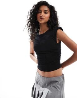 Bershka Padded Shoulder Polyamide Crop Top In Black For Women -Chic Maze Sales 207288658 4