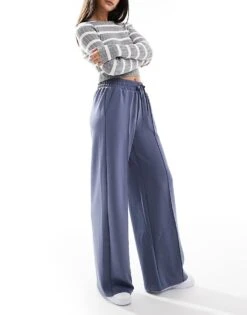 Bershka Tie Waist Wide Leg Joggers In Grey Blue For Women -Chic Maze Sales 207288659 3