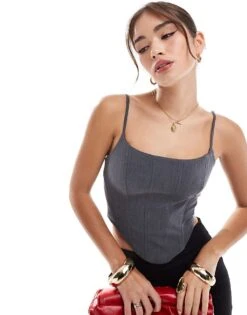 Bershka Tailored Strappy Corset Top In Grey For Women -Chic Maze Sales 207289996 1 grey 1