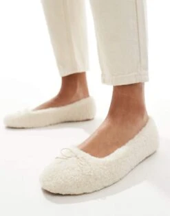 Bershka Shearling Ballet Pumps In White For Women -Chic Maze Sales 207295828 1 white 1
