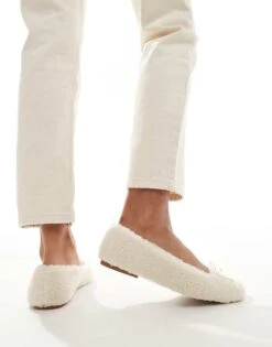 Bershka Shearling Ballet Pumps In White For Women -Chic Maze Sales 207295828 2