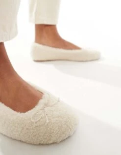 Bershka Shearling Ballet Pumps In White For Women -Chic Maze Sales 207295828 4