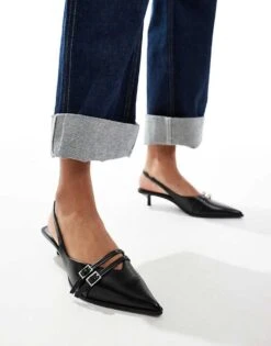 Bershka Buckle Detail Heeled Court Shoes In Black For Women