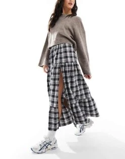 Bershka Tiered Maxi Skirt In Black And White Check For Women -Chic Maze Sales 207299747 1 black 1
