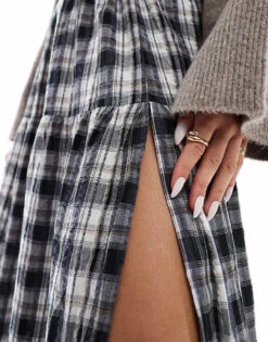 Bershka Tiered Maxi Skirt In Black And White Check For Women -Chic Maze Sales 207299747 5