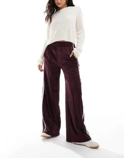 Bershka Wide Leg Piping Detail Sweatpants In Burgundy For Women Burgandy