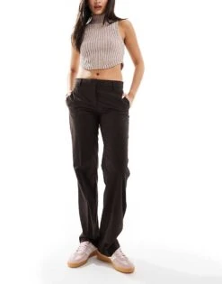 Bershka Straight Leg Tailored Trousers In Brown Pinstripe For Women -Chic Maze Sales 207299779 1 brown 1