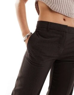 Bershka Straight Leg Tailored Trousers In Brown Pinstripe For Women -Chic Maze Sales 207299779 2
