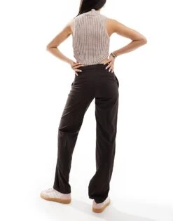 Bershka Straight Leg Tailored Trousers In Brown Pinstripe For Women -Chic Maze Sales 207299779 5