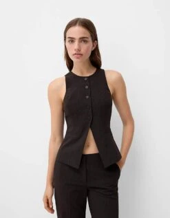 Bershka Round Neck Tailored Waistcoat In Brown Pinstripe For Women -Chic Maze Sales 207299803 1 brown 1