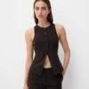 Bershka Round Neck Tailored Waistcoat In Brown Pinstripe For Women -Chic Maze Sales 207299803 1 brown