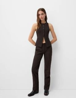 Bershka Round Neck Tailored Waistcoat In Brown Pinstripe For Women -Chic Maze Sales 207299803 4