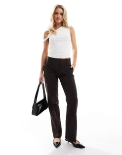 Bershka Petite Straight Leg Tailored Trousers In Brown For Women -Chic Maze Sales 207299827 1 brown 1