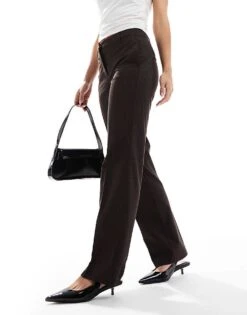 Bershka Petite Straight Leg Tailored Trousers In Brown For Women -Chic Maze Sales 207299827 2